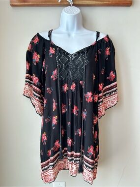 Angie Boho Floral Peasant Blouse Off Shoulder Crochet Festival Size Small